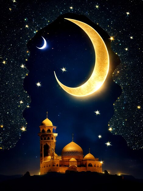 Starry Night with Glowing Islamic Crescent