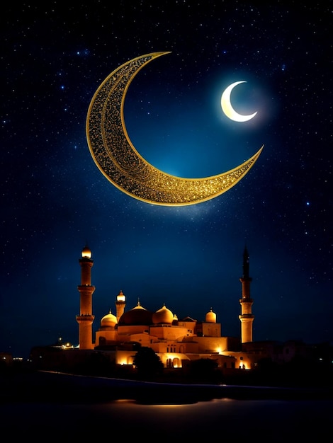 Photo starry night with glowing islamic crescent