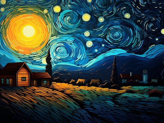 starry night with a house and a barn in the foreground generative ai