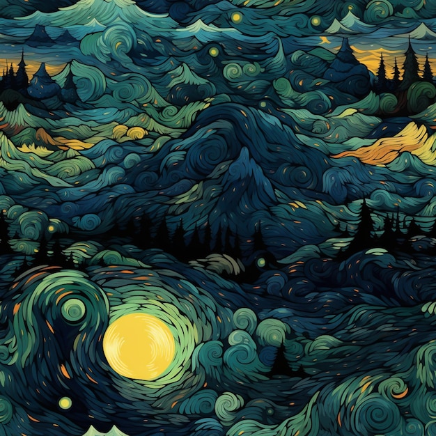 Starry night with a mountain and a full moon generative ai