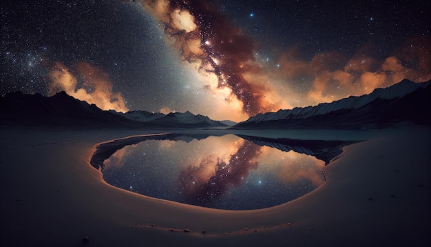 a starry night with a reflection of a mountain and stars