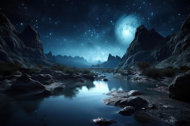 A starry night with a river and mountains in the background