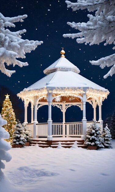 Photo a starry night with a snowcovered gazebo decorated with christmas garland
