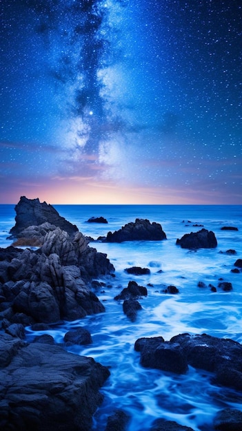 a starry night with a star - filled sky above the ocean.