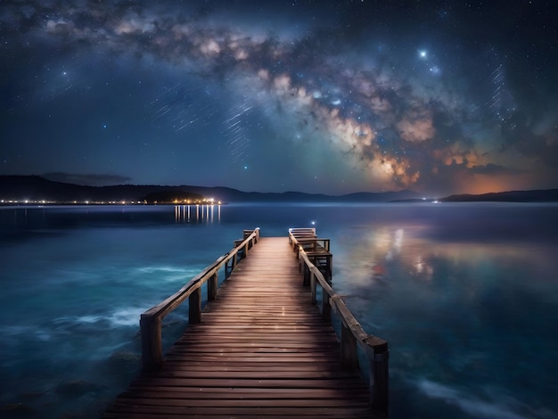 Starry Nights at the Water's Edge Wooden Pier under the Galaxy