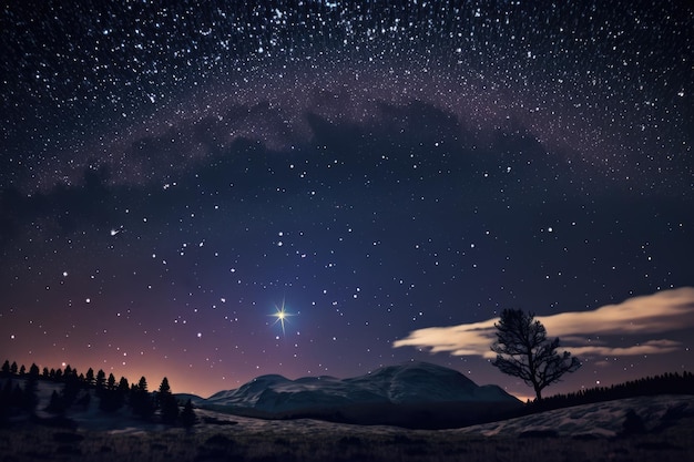 Starry skies over mountains landscape at night created using generative ai technology