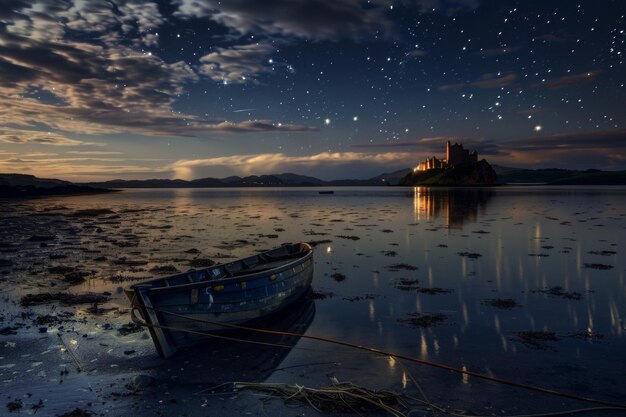 Photo starry sky over a boat on a lake with a castle in the background