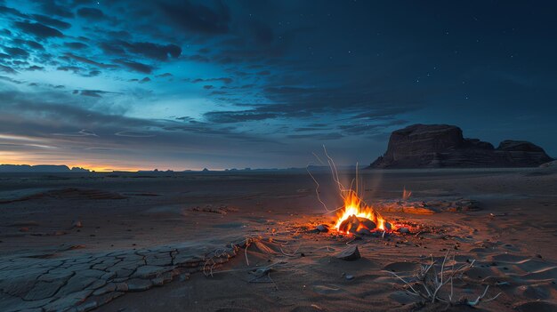 Photo under a starry sky a bonfire burns brightly in the middle of a vast desert the warm glow of the fire contrasts with the cool darkness of the night