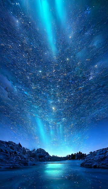 배경 생성 AI에 산이 있는 얼어붙은 호수 위에 별이 빛나는 하늘