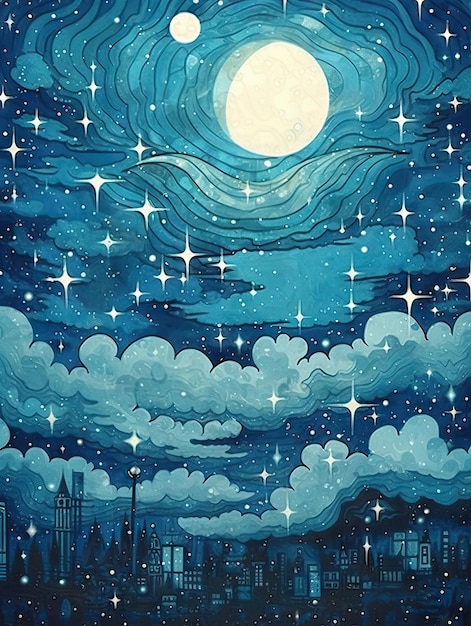 Starry sky illustration poster blue color night moon landscape dreamy sky background