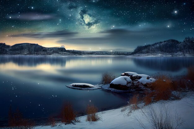 Starry sky over the lake in winter landscape 3d illustration Generative AI