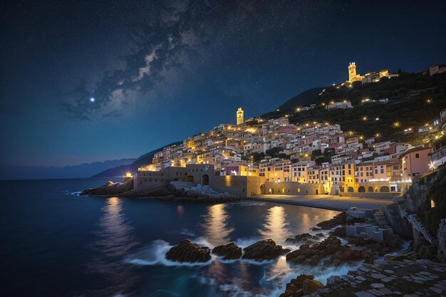 Photo starry sky and moonlight at glowing cervo ligurian riviera italy