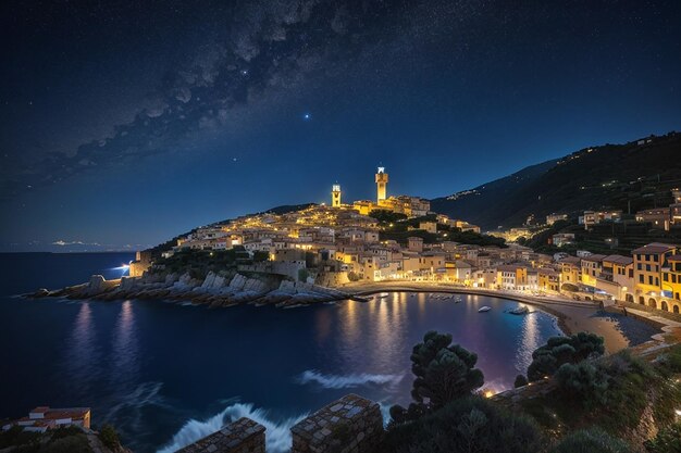 Photo starry sky and moonlight at glowing cervo ligurian riviera italy