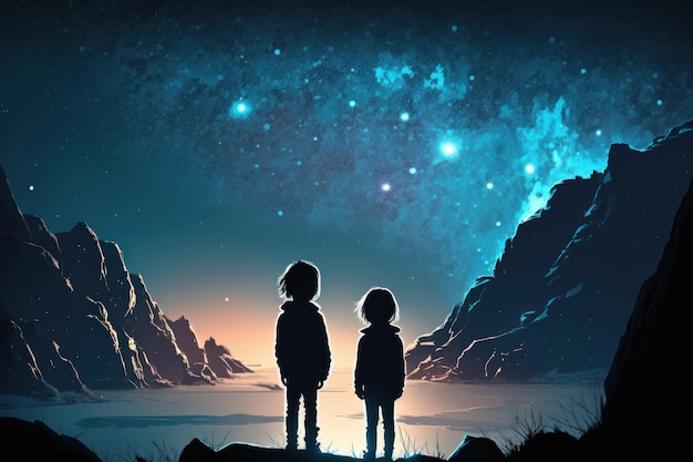 Starry sky at night Boy and girl are standing on the rocky cliff and looking at landscape Generative