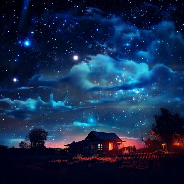 Photo the starry sky at night a house with light