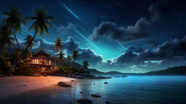 Photo starry sky in oceanfront paradise background