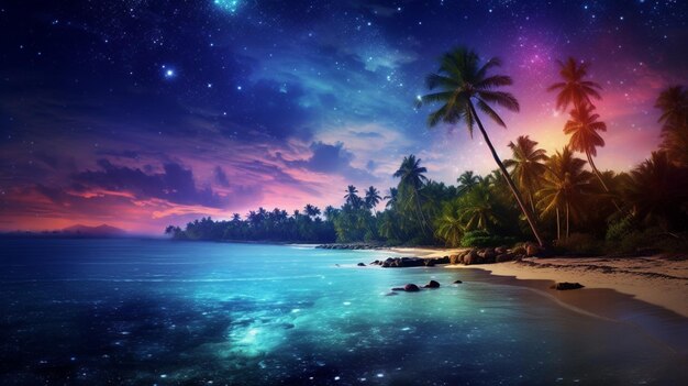 Photo starry sky in oceanfront paradise background