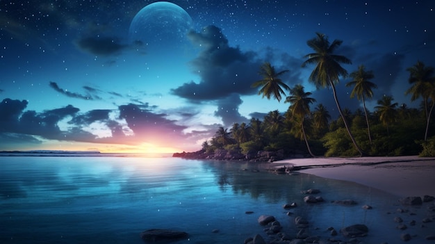 Photo starry sky in oceanfront paradise background