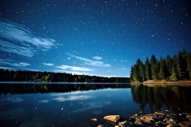 Звездное небо отражается на спокойном озере.