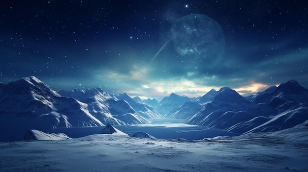 Starry Sky in Snowy Mountain Landscape Background