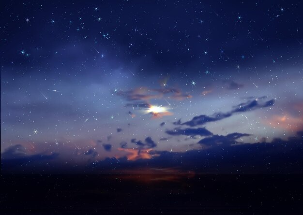 starry sky star fall nebula orange lilac blu sunset summer night cloudy seascape on dramatic clouds