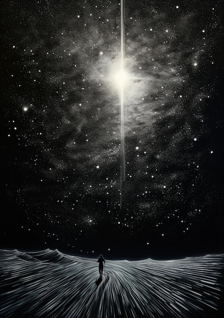 Фото Звездное небо с человеком, идущим по заснеженному полю