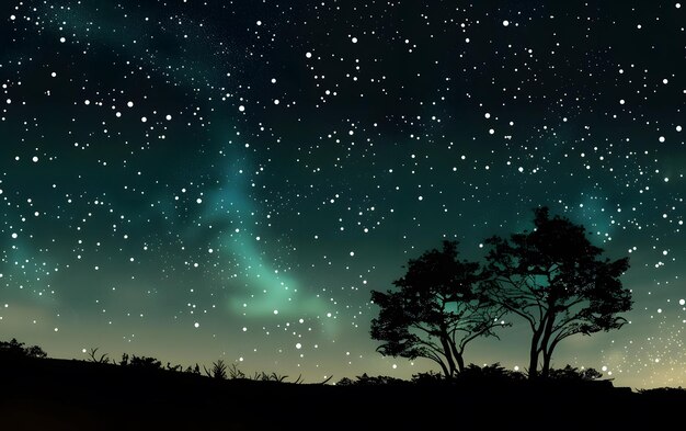 Starry sky with aurora silhouette of two trees