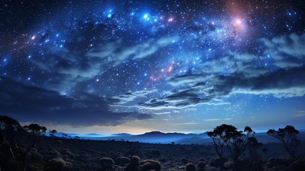 a starry sky with a mountain landscape in the background