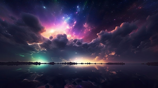 A starry sky with a purple star above the water