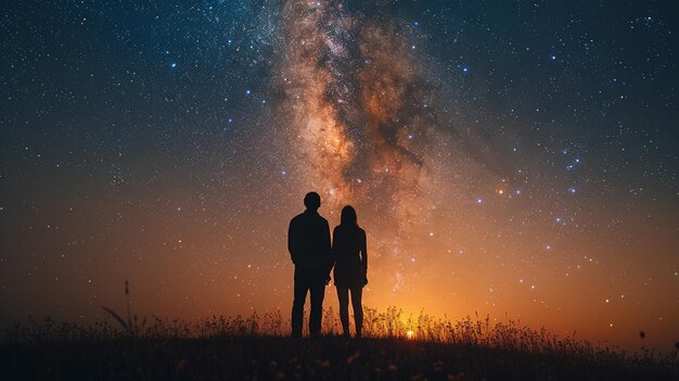 写真 草の中に立っている2人の人々が星を見ている星空のジェネレーティブ・アイ