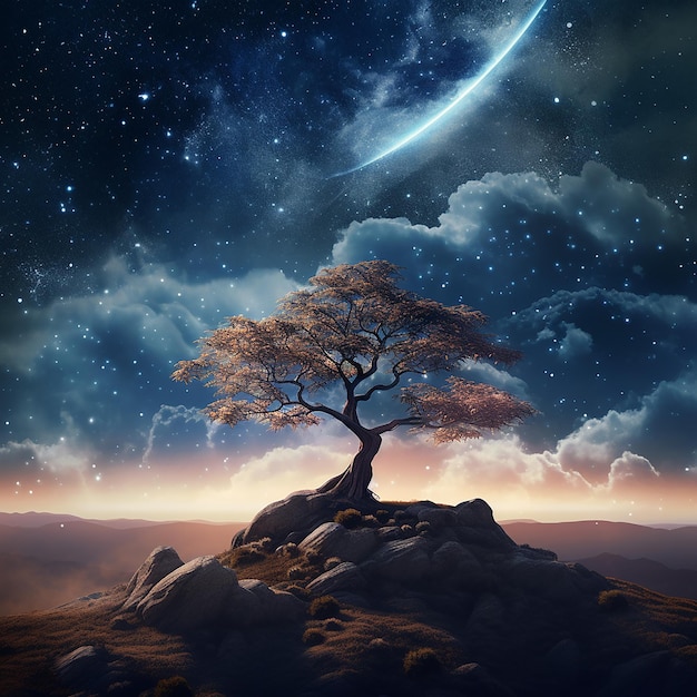 Starry Solitude Lone Tree on Hill