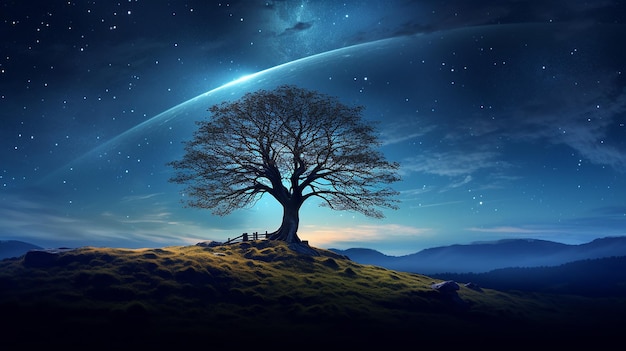 Starry Solitude Lone Tree on Hill