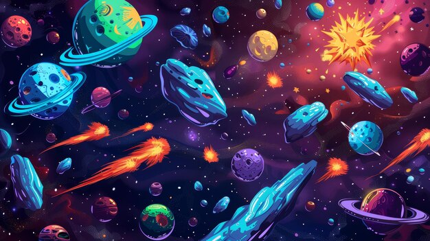 Starry space background with planets and stars Cartoon modern illustration of cosmic objects on dark blue meteors asteroids alien globes flying in starry sky