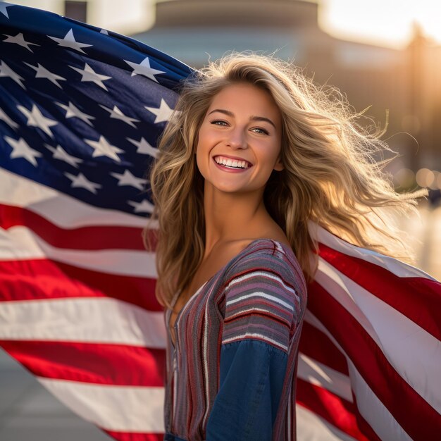 Фото Звезды и полосы американская женщина с флагом сша