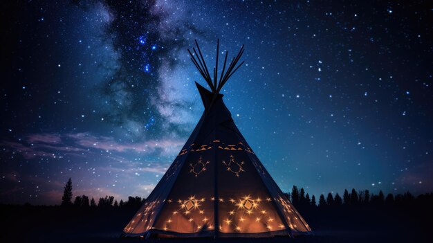 stars are seen in the skies over a teepee tent Generative Ai