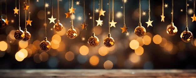 Photo stars and christmas ball hanging ornament with light bokeh in the dark night abstract background generative ai