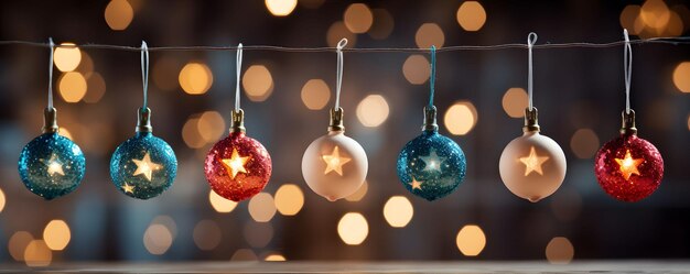 Звезды и рождественский шар висящий орнамент с светлым боке в темной ночи абстрактный фон Генеративный ИИ