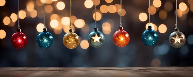 Photo stars and christmas ball hanging ornament with light bokeh in the dark night abstract background generative ai