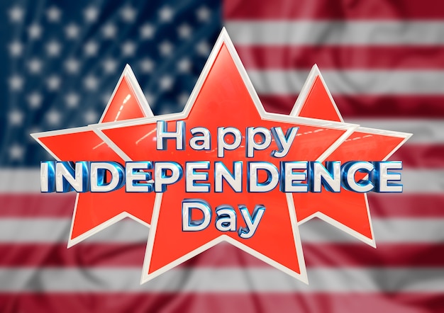 미국의 행복한 독립이라는 글자가 있는 별과 깃발. 3D 일러스트레이션