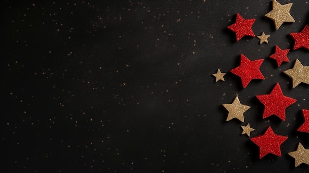 Stars Merry Christmas ai gegenereerde banner achtergrond kopieerruimte Gouden en rode sterren afbeelding achtergrond lege kerstversieringen Seizoenen groeten xmas concept compositie top view copyspace