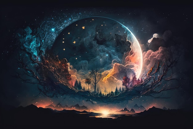 Stars and the moon twinkle across a gloomy night sky Illustration in