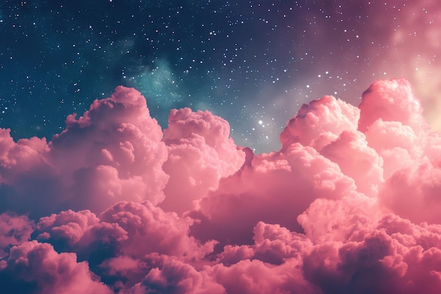 stars in night pink sky and clouds