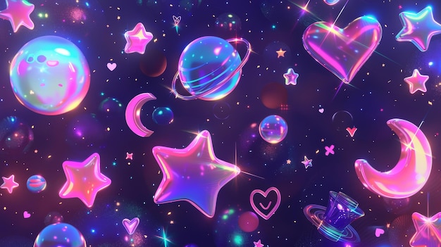 Stars and planets in 3D futuristic style with falling stars planets bling moons hearts Rendering of 3D cyber chrome galaxy emoji