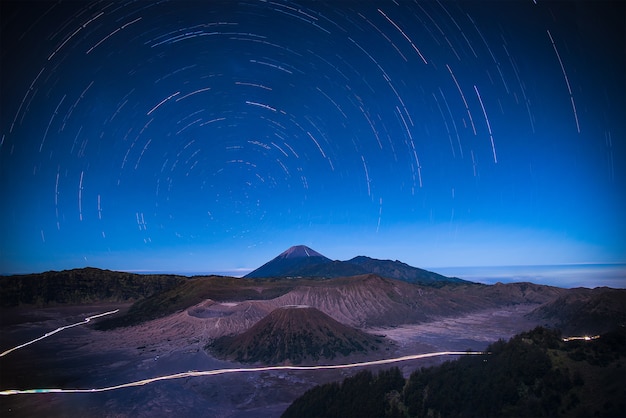 Stars Trail over mount Bromo volcano at night in Bromo National Park