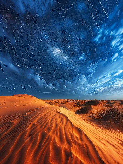 Photo stars trailing in the night sky over a silent desert