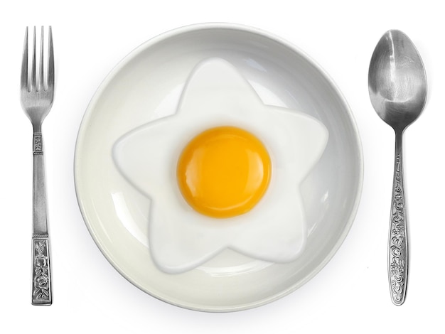 Starshaped omelet fried egg on ceramic plates isolated on white background