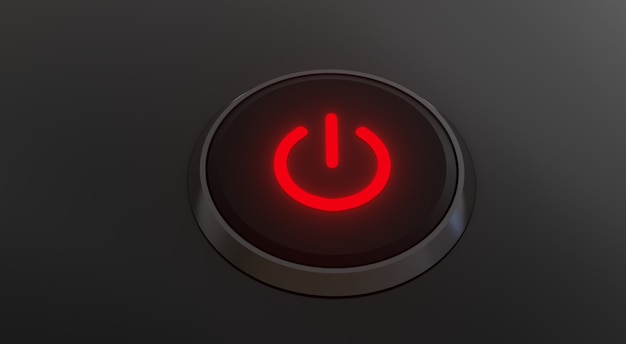 사진 반사 빨간색 표시등, 3d 렌더링이 있는 시작 버튼 또는 전원 버튼.