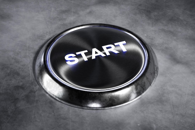 Start button Start business and Startup Power start button or ignition launching button with blue light dark background Concept change or strategic vision 3d rendering