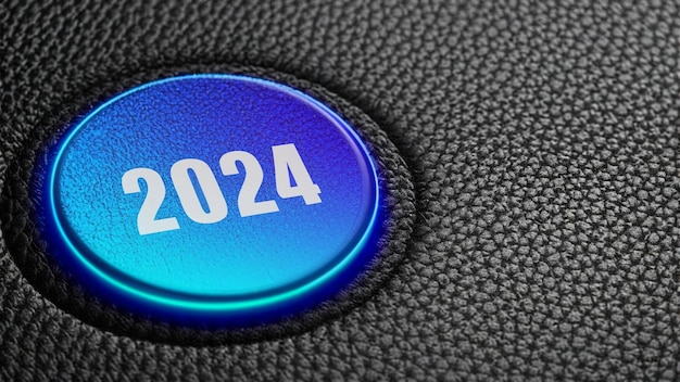 Start button year 2024 metalic blue glow on black leather background