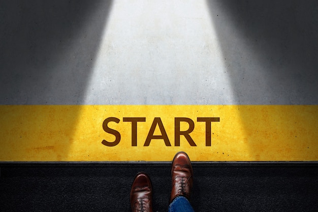 Start Concept. Top View of Businessman Steps into Start Line.  Moving Forward to New Challenge or do something New. Business Strategy, Metaphor Conceptual for Restart